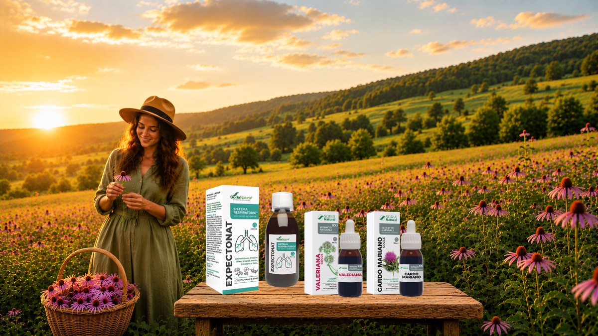 Soria Natural – raccolta di echinacea al tramonto con Expectonat, Valeriana e Cardo mariano